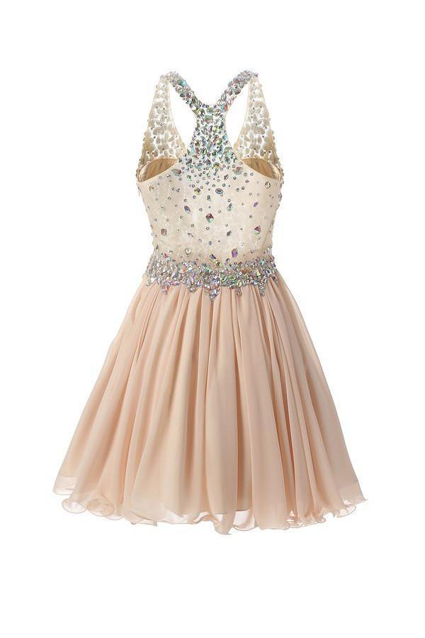 Vestido Corto Mini Tirantes Línea A Princesa para Baile de Graduación con Abalorios PG038