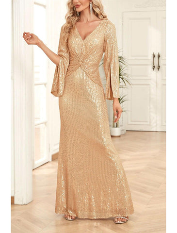 Meerjungfrau/Trompete Kleid für die Brautmutter, Hochzeitsgast, Party, Glitzer und Glanz, U-Ausschnitt, V-Ausschnitt, bodenlang, mit Pailletten, 3/4-Ärmel mit Rüschen, einfarbig