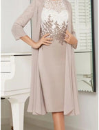 Vestido de mãe da noiva de duas peças, estilo coluna, elegante, pequeno, decote redondo, comprimento até ao joelho, chiffon, renda, manga 3/4 com franzido