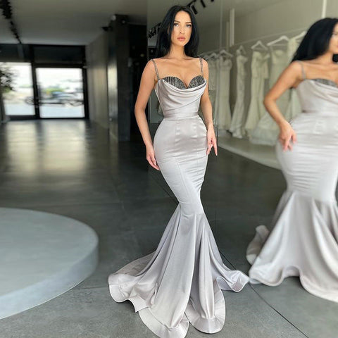 Long Spaghetti Straps Satin Strapless Mermaid Prom Dress