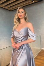 Silver Long Off-the-Shoulder Mermaid Satin Prom Dress with Slit