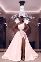 One Shoulder Long Mermaid Satin Front Slit Prom Dress with Sequins