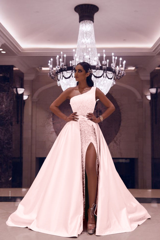 One Shoulder Long Mermaid Satin Front Slit Prom Dress with Sequins