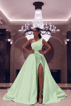 One Shoulder Long Mermaid Satin Front Slit Prom Dress with Sequins