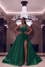 One Shoulder Long Mermaid Satin Front Slit Prom Dress with Sequins
