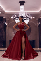 One Shoulder Long Mermaid Satin Front Slit Prom Dress with Sequins