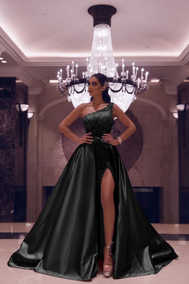 One Shoulder Long Mermaid Satin Front Slit Prom Dress with Sequins