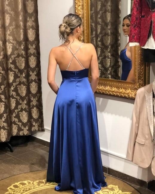 Simple A-line Long Blue Split Front Straps Evening Dress