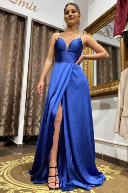 Simple A-line Long Blue Split Front Straps Evening Dress