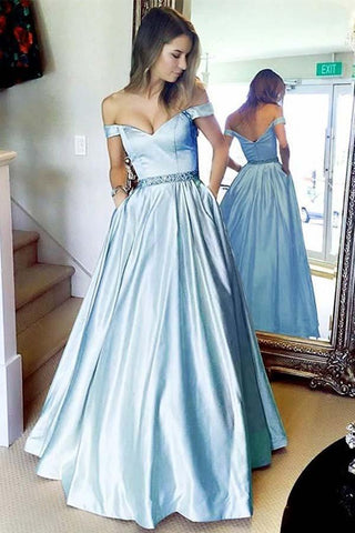 Schlichtes, schulterfreies, langes, blaues Ballkleid in A-Linie mit Tasche, PG894