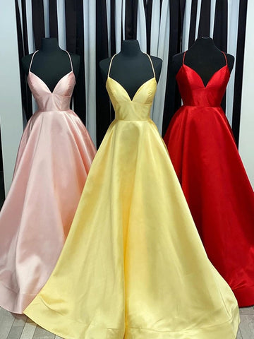 Simple A Line V Neck Backless Satin Long Prom Formal Evening Dresses