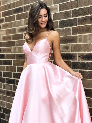 Simple A Line V Neck Backless Satin Long Prom Formal Evening Dresses