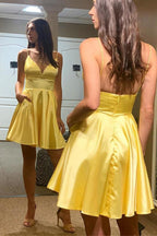 Simple A-line V Neck Backless Yellow Satin Short Prom Homecoming Dresses with Pockets