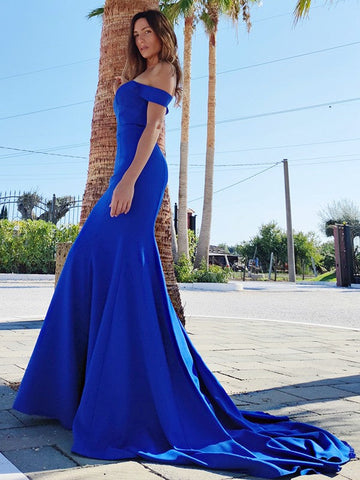 Simple Backless Royal Blue Off-the-Shoulder Mermaid Prom Gown