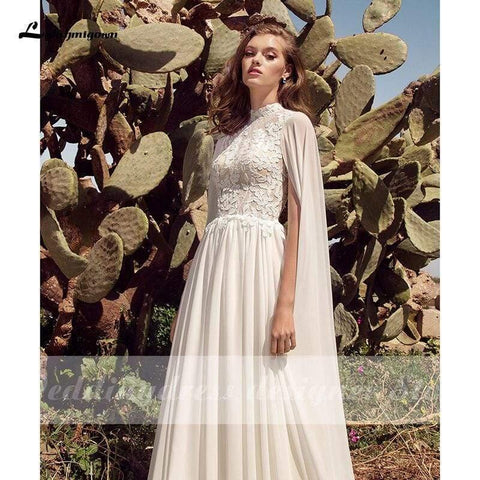 NumberSea Schlichtes Strand-Boho-Brautkleid mit Cape, offenem Rücken und Spitze