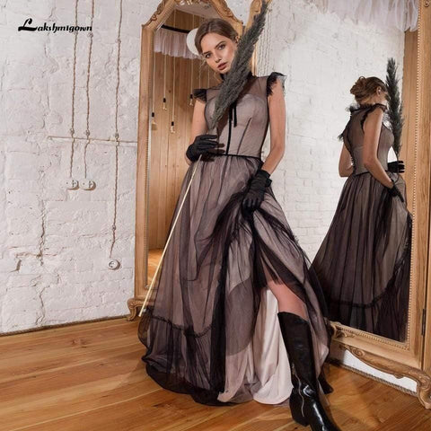 Vestido de noiva simples de renda preta NumberSea Bidal, corte A