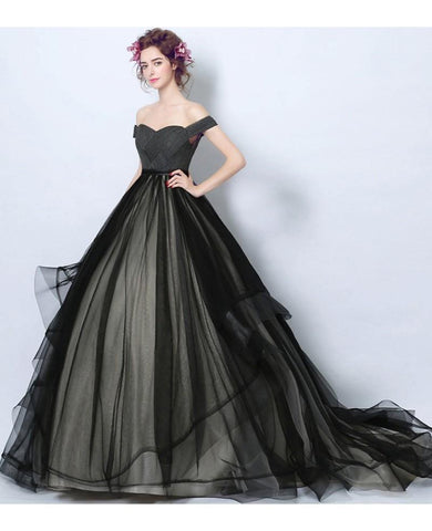 Vestido de baile formal simples em tule preto com alças cai-cai PG705