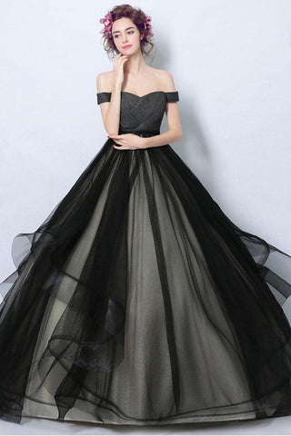 Vestido de baile formal simples em tule preto com alças cai-cai PG705
