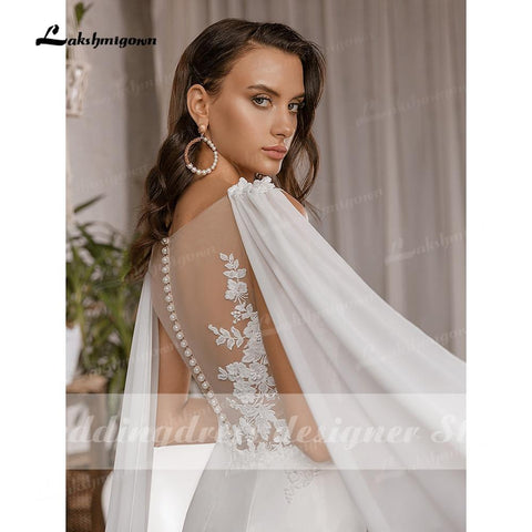 NumberSea Vestidos de noiva estilo sereia, estilo boho, simples, com decote redondo, sem mangas, cetim, elegantes, aplicações de renda, vestido de noiva