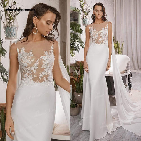 NumberSea Vestidos de noiva estilo sereia, estilo boho, simples, com decote redondo, sem mangas, cetim, elegantes, aplicações de renda, vestido de noiva