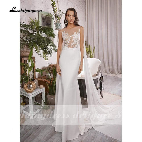 NumberSea Vestidos de noiva estilo sereia, estilo boho, simples, com decote redondo, sem mangas, cetim, elegantes, aplicações de renda, vestido de noiva