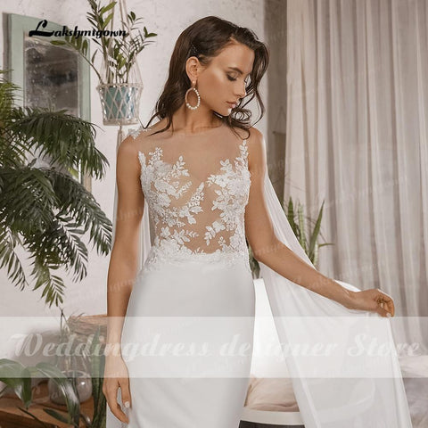 NumberSea Vestidos de noiva estilo sereia, estilo boho, simples, com decote redondo, sem mangas, cetim, elegantes, aplicações de renda, vestido de noiva