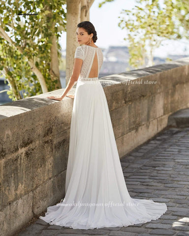 NumberSea Einfache Kappe Kurzarm Strand Brautkleid Spitze Mieder