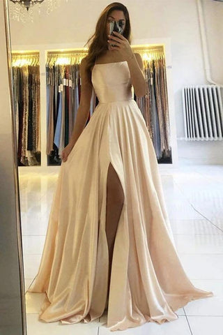 Vestido de baile comprido simples de cetim champanhe com racha PSK229