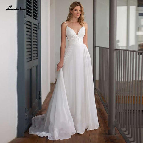 NumberSea Schlichtes Chiffon-Brautkleid mit Spaghettiträgern und V-Ausschnitt