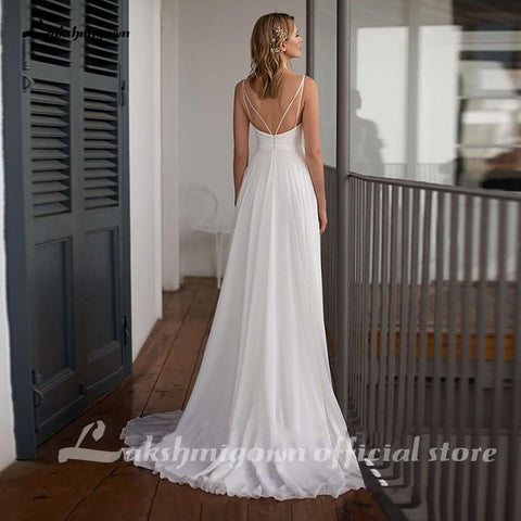 NumberSea Schlichtes Chiffon-Brautkleid mit Spaghettiträgern und V-Ausschnitt
