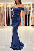 Simple Dark Navy Long Mermaid Off the shoulder Satin Prom Dress