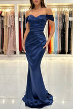 Simple Dark Navy Long Mermaid Off the shoulder Satin Prom Dress