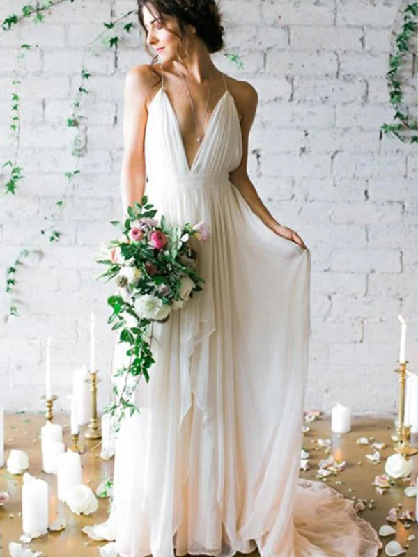 Abito da sposa avorio semplice scollato a V profondo con strascico a strascico e bretelle, WD0452