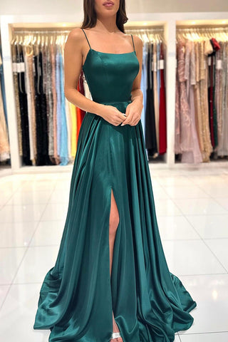 Simple Dark Green A Line Split Long Open Back Prom Formal Dress