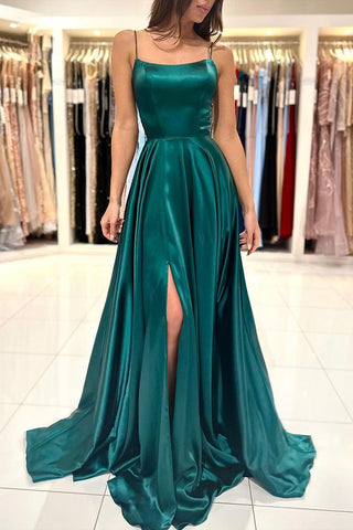 Simple Dark Green A Line Split Long Open Back Prom Formal Dress