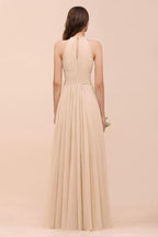 Simple Halter Champagne Slim Long Bridesmaid Dress