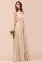 Simple Halter Champagne Slim Long Bridesmaid Dress