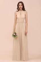 Simple Halter Champagne Slim Long Bridesmaid Dress