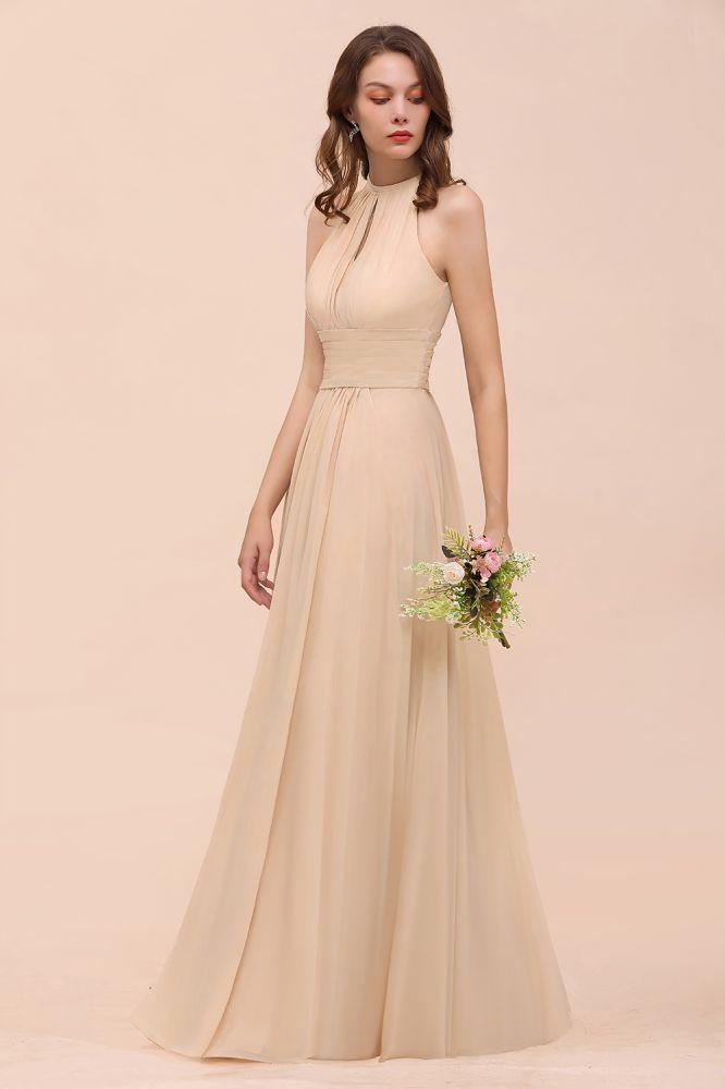 Simple Halter Champagne Slim Long Bridesmaid Dress