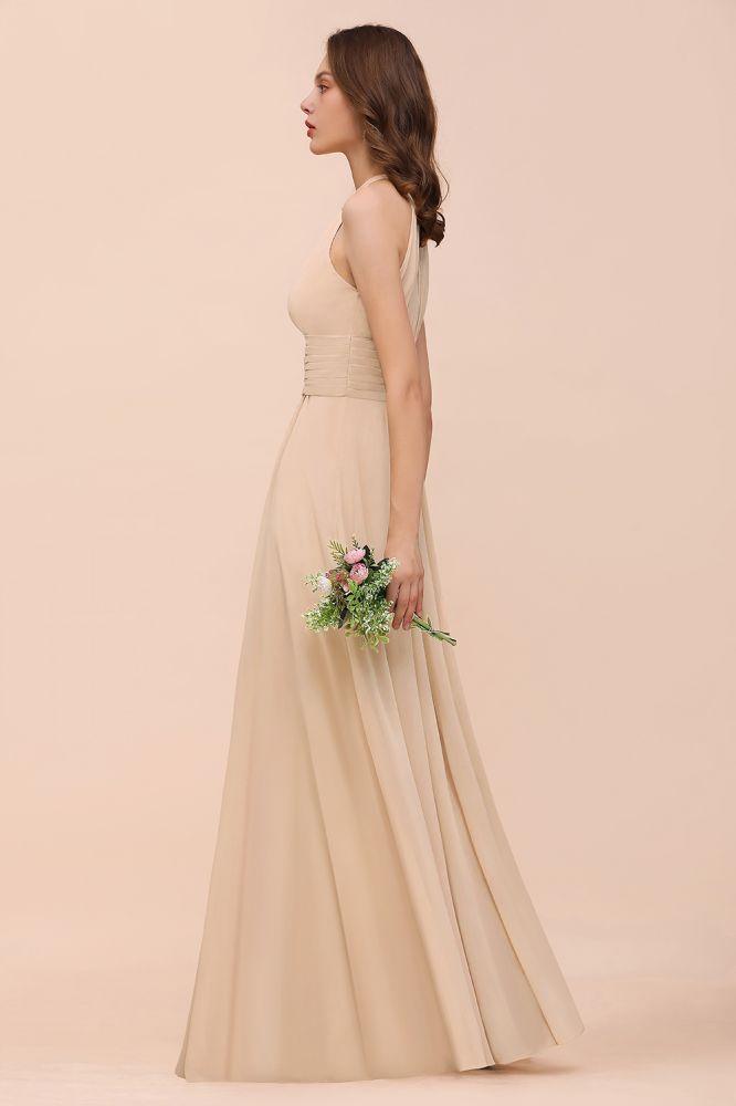 Simple Halter Champagne Slim Long Bridesmaid Dress