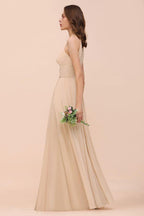 Simple Halter Champagne Slim Long Bridesmaid Dress