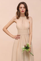 Simple Halter Champagne Slim Long Bridesmaid Dress