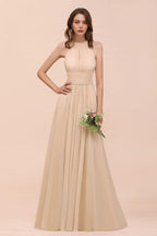 Simple Halter Champagne Slim Long Bridesmaid Dress
