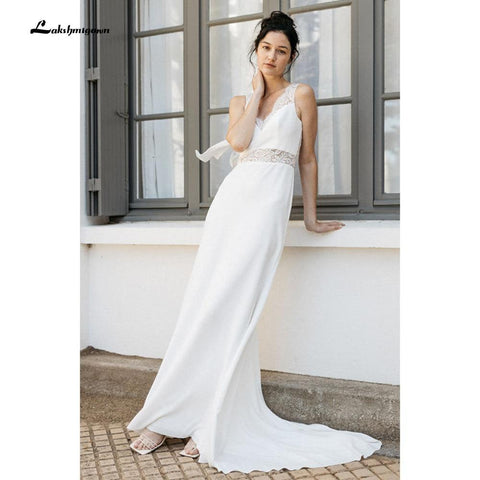 NumberSea Schlichtes Strand-Brautkleid aus Spitze und Satin mit rückenfreiem Schleifenmuster