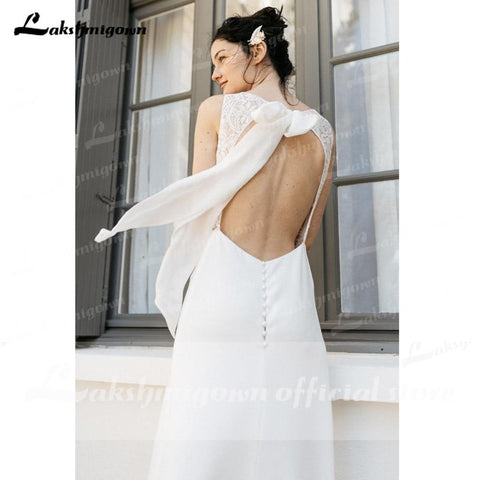 NumberSea Schlichtes Strand-Brautkleid aus Spitze und Satin mit rückenfreiem Schleifenmuster