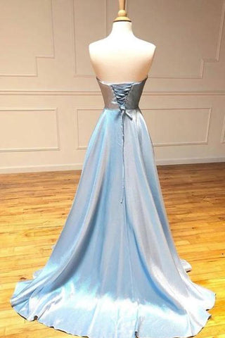 Vestido de festa comprido, corte A, em cetim azul claro, simples, sem alças, PSK099
