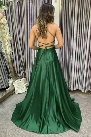 Schlichtes langes A-Linien-Abschlussballkleid aus Satin mit offenem Rücken und Schlitz