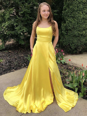 Schlichtes langes A-Linien-Abschlussballkleid mit U-Ausschnitt, Satin, Schlitz vorne und Taschen