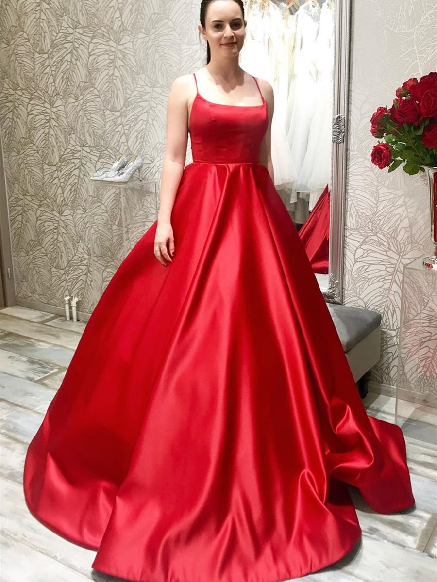Einfaches langes A-Linien-Kleid mit Spaghettiträgern und rückenfreiem Satin-Abschlussballkleid