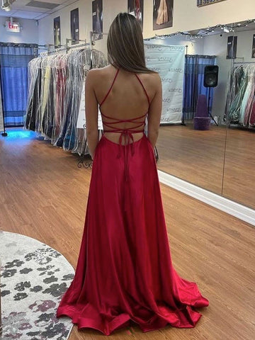 Schlichtes, langes, rückenfreies A-Linien-Abschlussballkleid aus Satin mit V-Ausschnitt und hohem Schlitz